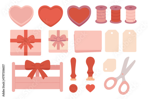 Romantic crafting and gift wrapping elements set with hearts, thread, and sealing wax tools