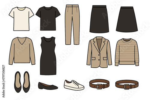 Essential women's apparel and accessories set for a minimalist capsule wardrobe in neutral beige and black colors