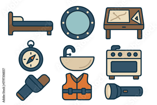Essential items and equipment for boat travel, sailing, and maritime navigation