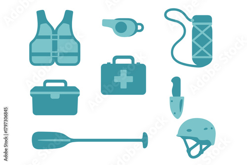 Essential safety and survival equipment icons for kayaking, rafting, and water sports activities