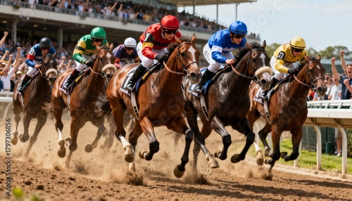 Exciting horse race featuring jockeys in colorful silks, galloping on dirt track with cheering crowd in the background, capturing the thrill of competitive equestrian sport
