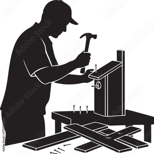 Man building birdhouse silhouette crafting wooden home hobby outdoor activity diy project