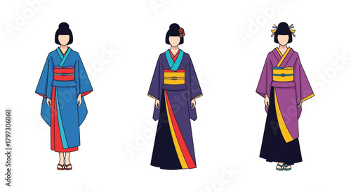 Three japanese women wearing traditional kimonos in varying colors