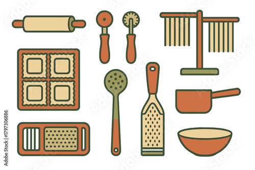 Essential kitchen equipment set for preparing fresh homemade pasta including ravioli mold and drying rack