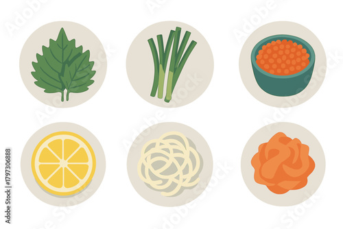 Fresh food toppings and flavorings for Japanese sushi and sashimi dishes