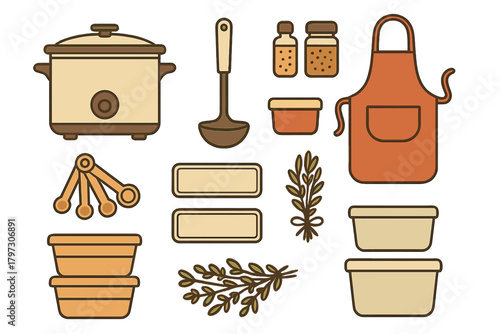 Assortment of kitchen utensils and appliances for home cooking and food storage