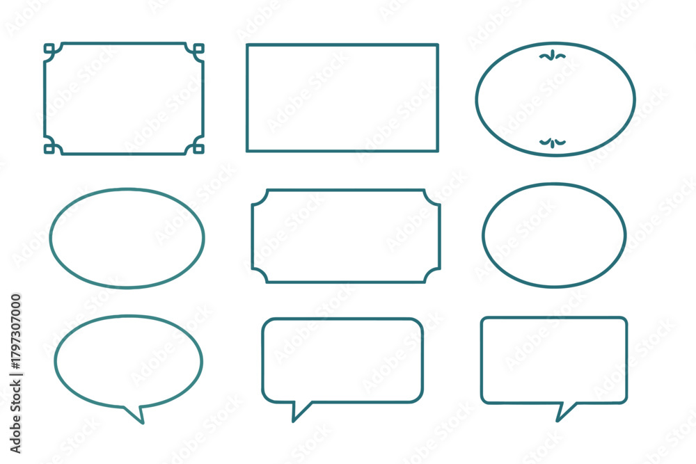 Fototapeta premium Nine outline frames borders and speech bubbles in various shapes