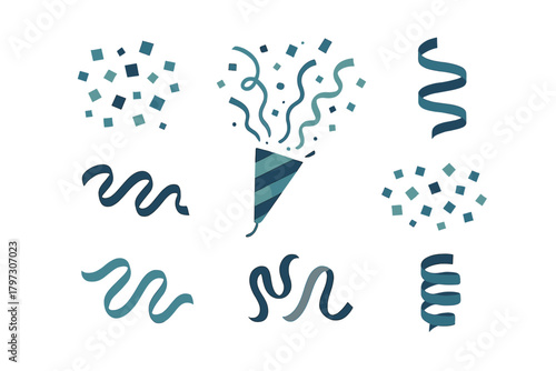 Party cracker explosion with scattered confetti and various curling ribbons set