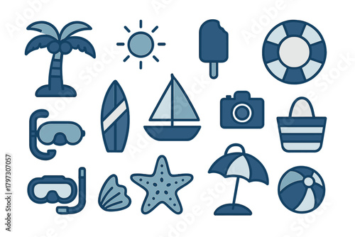 Summer vacation and beach holiday elements including tropical items and travel accessories