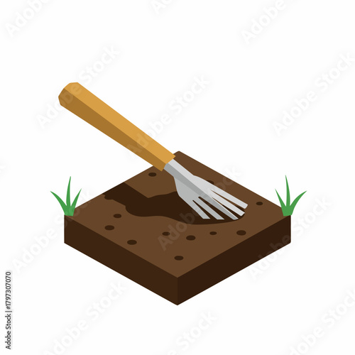 Isometric Detailed Gardening Fork Tool Tilling the Soil Illustration