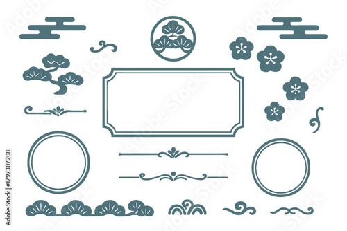 Japanese traditional design elements set featuring decorative frames, dividers, pine, and plum blossoms