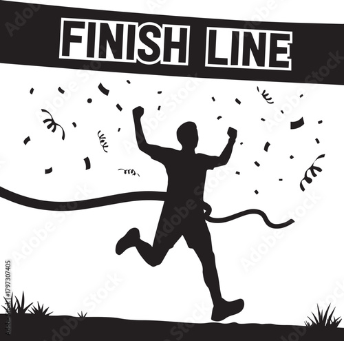 Silhouette of a runner crossing the finish line in celebration with confetti