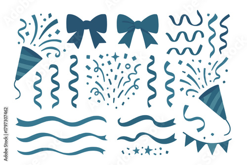 Festive blue celebration elements set featuring bows, confetti bursts, curled streamers, party poppers, and decorative ribbons
