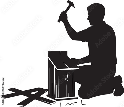 Silhouette of a man assembling a wooden birdhouse with a hammer a hobbyist at work
