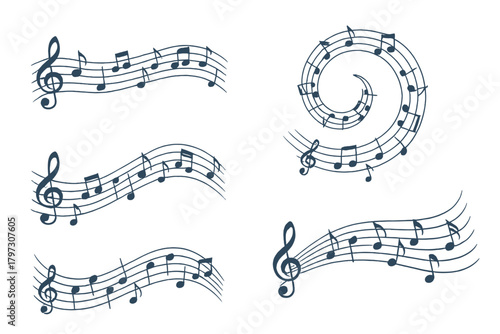 Dynamic arrangements of flowing musical notes on staves and treble clefs