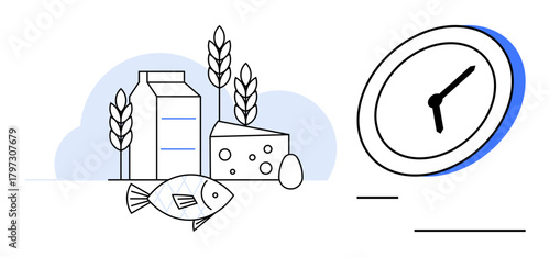 Dairy, fish, cereals, egg alongside a clock signifying balance between nutrition, scheduling, and efficiency. Ideal for health, diet, routine meal planning productivity time management