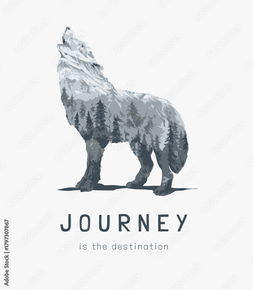 Naklejka premium journey slogan alpine mountain in howling wolf silhouette vector illustration