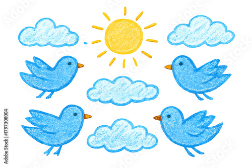 Cute crayon drawing of flying blue birds, fluffy clouds, and bright yellow sun