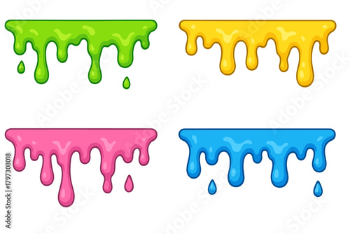 Bright colored liquid drips and melting paint borders on white background