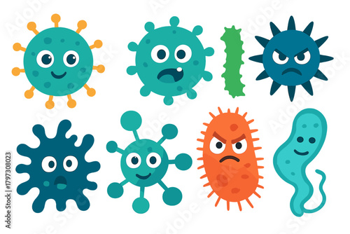Cute and angry cartoon microscopic organisms, viruses, and bacteria characters
