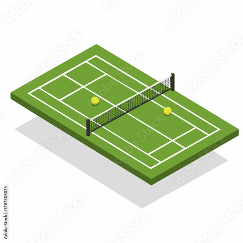Isometric Detailed Tennis Court with Net and Ball for Sport Illustration