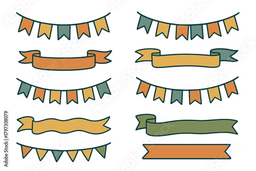 Set of colorful bunting flags and decorative ribbon banners in autumn colors