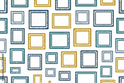Abstract geometric background with scattered distressed picture frames in various sizes