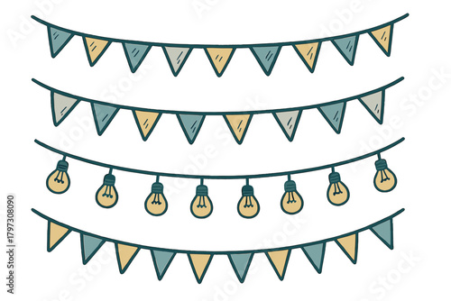 Hand drawn decorative strings of light bulbs and triangular pennant flags