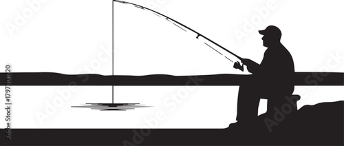 Silhouette of a fisherman casting a line into the water enjoying a peaceful hobby