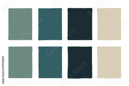Eight textured color swatches in shades of teal, dark blue, and beige on a white background