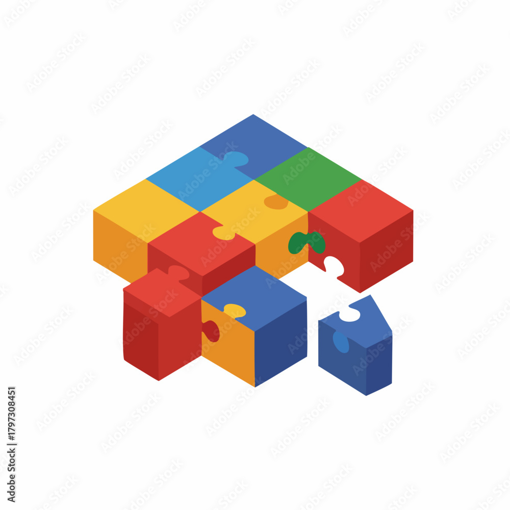Fototapeta premium Isometric Colorful Puzzle Cube Home Construction Concept Illustration