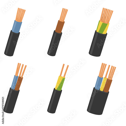 Set of various electrical cables showing stripped insulation and copper conductors for wiring projects