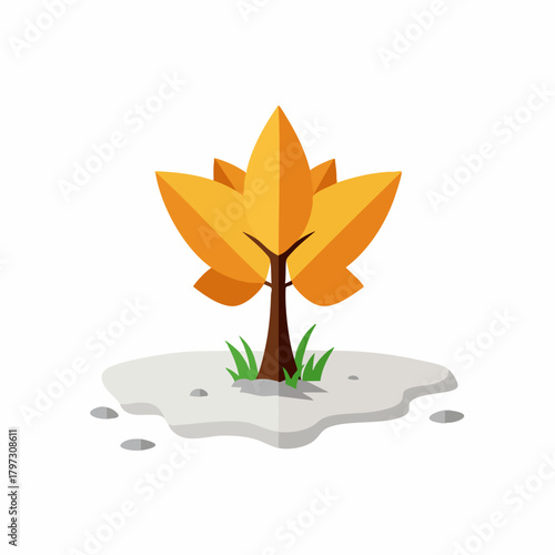 Flat Geometric Style Autumn Tree with Yellow Leaves Nature Illustration