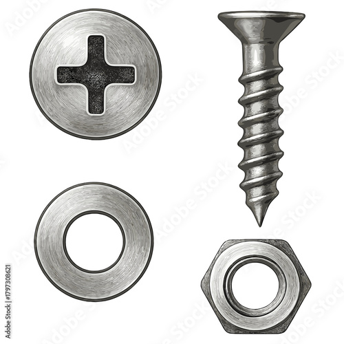 Shiny metallic construction fasteners set including screw, washer, and nut