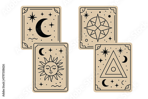 Set of four mystical tarot cards featuring celestial and esoteric symbols