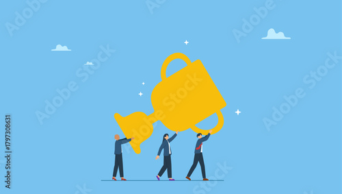 Business team people celebrate help carry big winner trophy. Team achievement, teamwork collaborate work together to achieve business goal, winning award or success, partnership or participation.