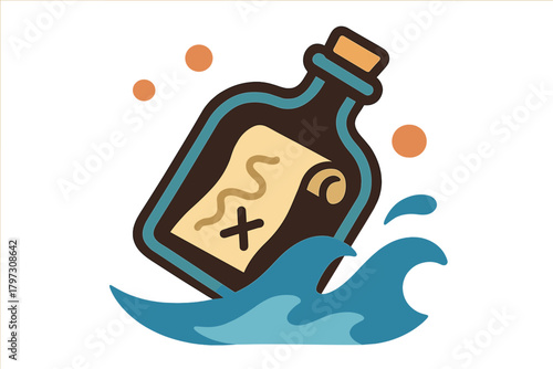 Vintage glass bottle containing a rolled treasure map floating on rough ocean waves