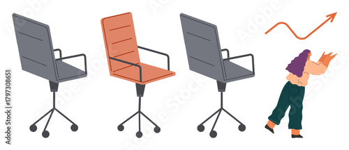 Three office chairs in a row, with one in a bright emphasis color symbolizing promotion. Rising arrow emphasizes progress and career growth. Ideal for leadership, business success, job advancement