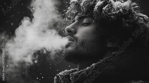 Black and white cinematic portrait of a man outdoors in winter snow, condensation breath creating visible smoke-like vapor from his mouth, cold breath vapor visible, snowflakes falling around him