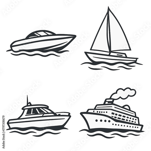 Collection of watercraft symbols including sailboat, motorboat, speed boat, and passenger ship icons