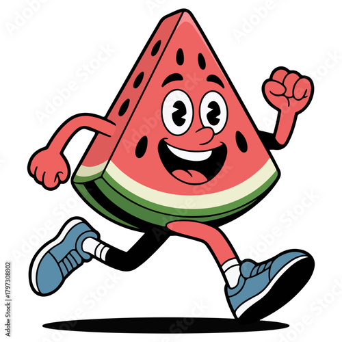 A cheerful cartoon watermelon character is running with joy and vigor. This whimsical illustration conveys the vitality and fun of a healthy lifestyle.