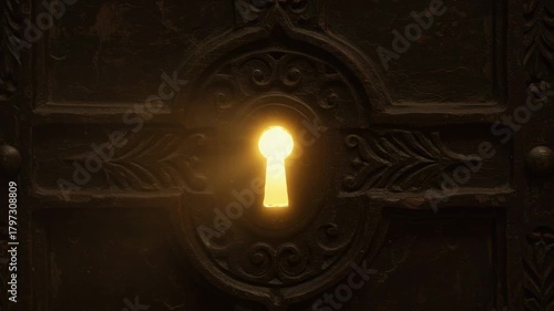 Vintage door keyhole with warm light illuminating the background  