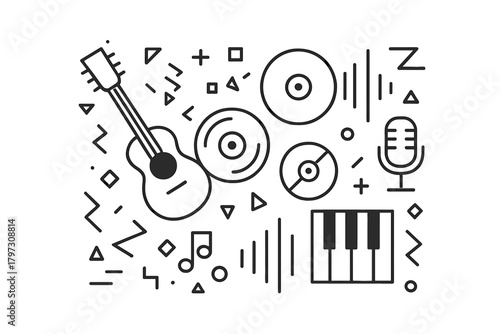 Abstract composition of musical instruments: guitar, microphone, records, and piano keys