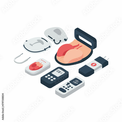Isometric Various Medical Devices and Equipment Illustration, Healthcare Product Design