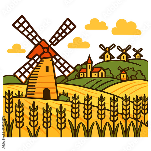 Traditional windmill standing in a field of ripe golden grain crops under a blue sky