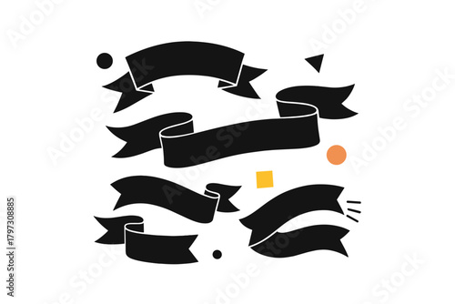 Collection of various black ribbon banners and decorative geometric shapes for design elements and text placement