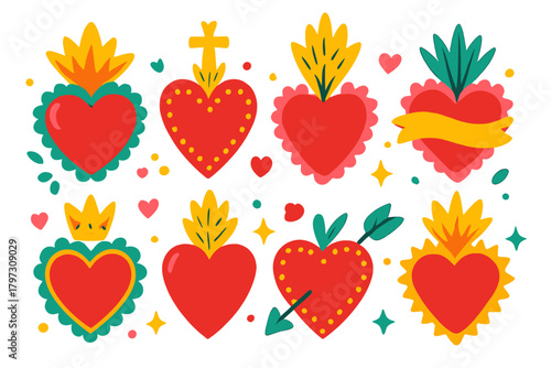 Traditional sacred hearts symbols featuring flames, crosses, arrows, and crowns in folk art style