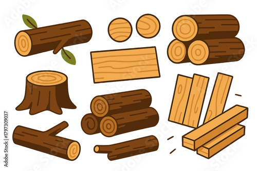 Collection of wooden materials including logs, lumber, planks, and a tree stump