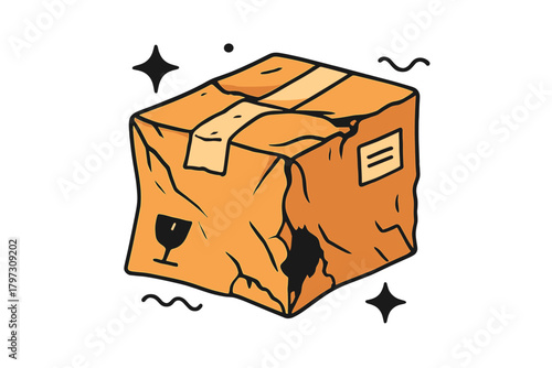 Crumpled and broken cardboard delivery box with shipping tape and fragile goods symbol