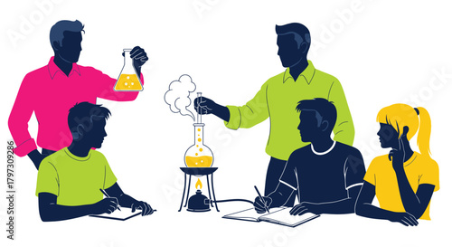 Students conducting a science experiment with flasks and a burner